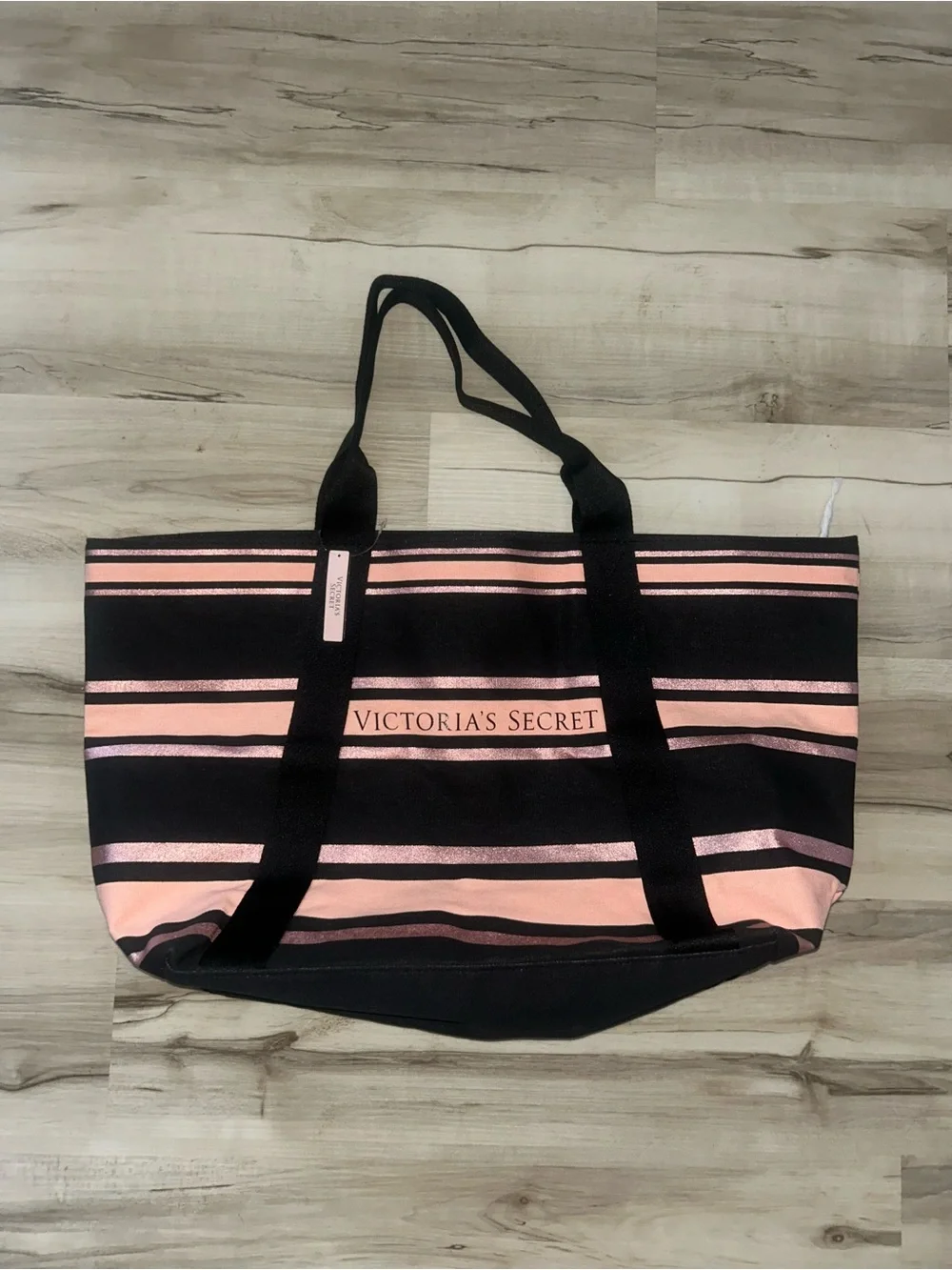 Victoria's Secret Black and Pink Striped Canvas Tote